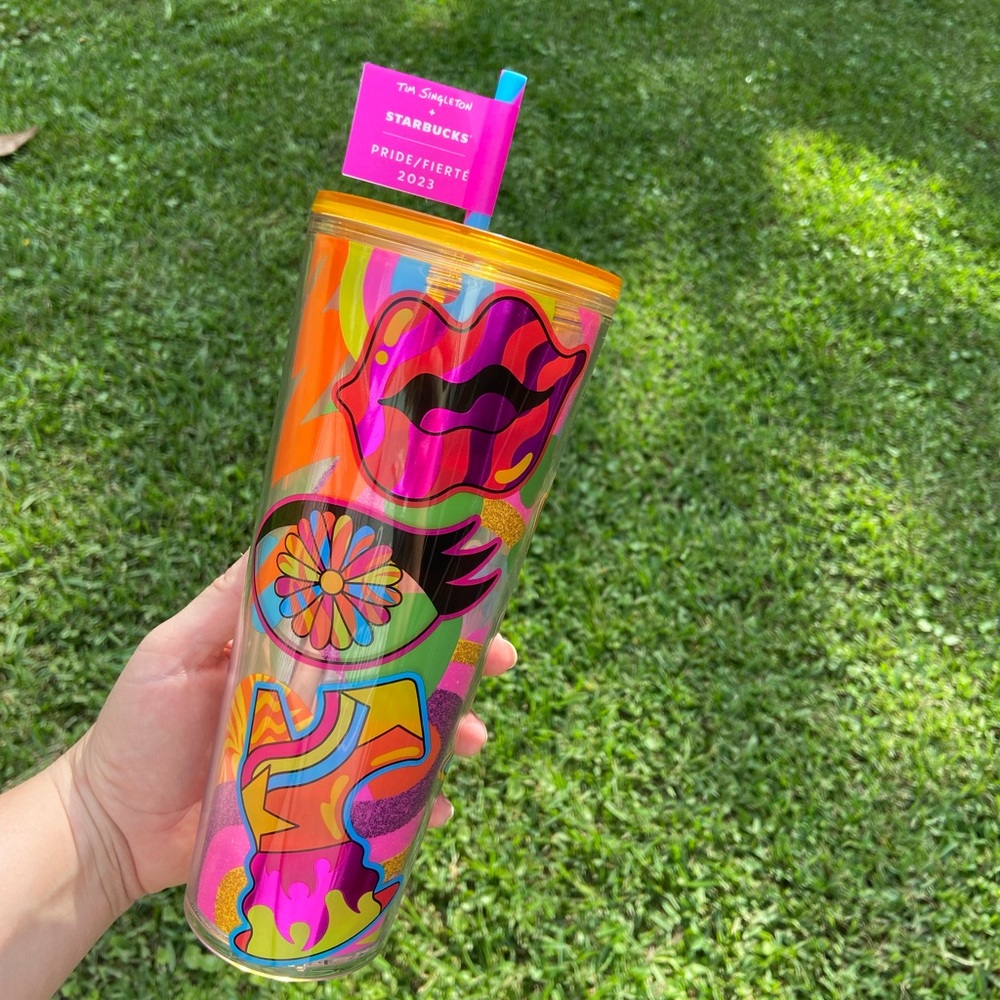 Starbucks Summer 2023 Tim Singleton Peace Sign Pink Straw 24oz Cold Cup Tumbler
